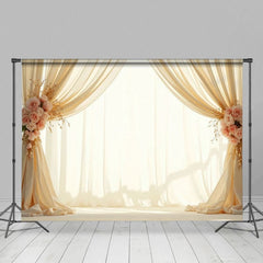 Aperturee - Aperturee Beige Fairy Tulle Pink Rose Wedding Photo Backdrop