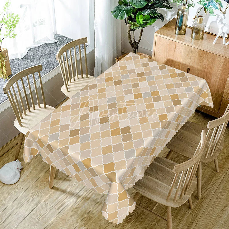 Aperturee - Aperturee Beige Geometric Trellis Rectangle Tablecloth Moroccan Quatrefoil Pattern Cover Modern Neutral Dining Decor