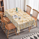 Aperturee - Aperturee Beige Geometric Trellis Rectangle Tablecloth Moroccan Quatrefoil Pattern Cover Modern Neutral Dining Decor