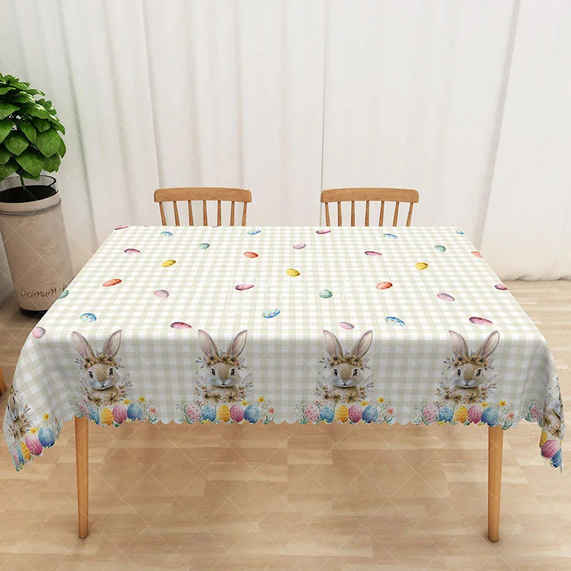 Aperturee - Aperturee Beige Gingham Bunny Rectangle Tablecloth Rustic Plaid Rabbit Floral Table Cover Farmhouse Easter Dining Decor