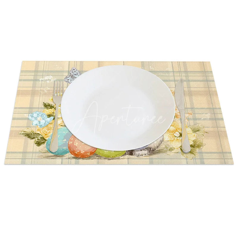 Aperturee - Aperturee Beige Plaid Easter Bunny Set of 4 Placemats Yellow Flower Rabbit Egg Table Mats for Spring