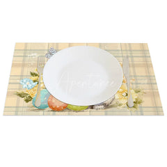 Aperturee - Aperturee Beige Plaid Easter Bunny Set of 4 Placemats Yellow Flower Rabbit Egg Table Mats for Spring