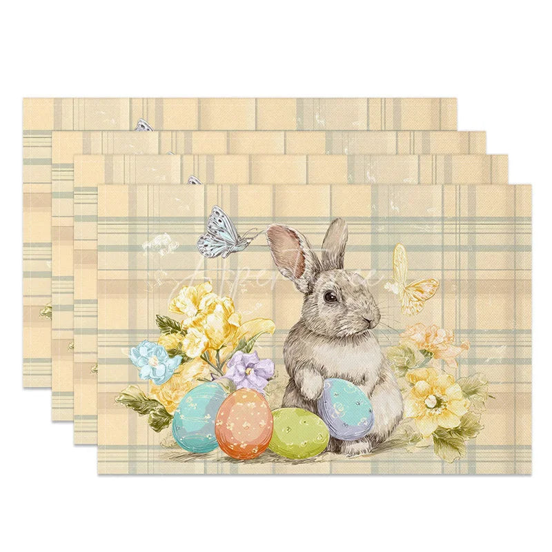 Aperturee - Aperturee Beige Plaid Easter Bunny Set of 4 Placemats Yellow Flower Rabbit Egg Table Mats for Spring
