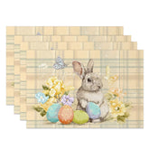 Aperturee - Aperturee Beige Plaid Easter Bunny Set of 4 Placemats Yellow Flower Rabbit Egg Table Mats for Spring