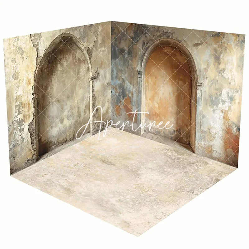 Aperturee - Aperturee Beige Retro Shabby Stone Arch Photo Room Set Backdrop