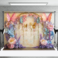 Aperturee - Aperturee Beige Retro Wall Floral Butterfly Photo Backdrop