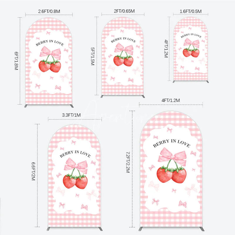 Aperturee - Aperturee Berry In Love Arch Backdrop Pink Gingham Strawberry Bow Background Cute Girl Baby Shower Arch Cover Photo Prop