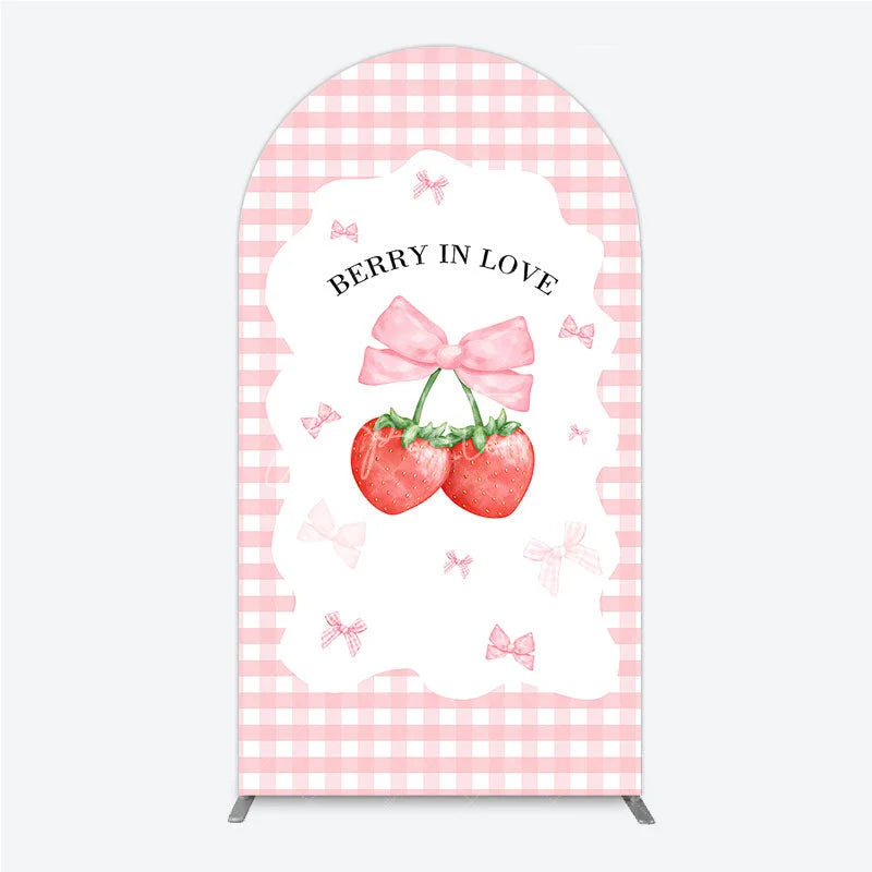 Aperturee - Aperturee Berry In Love Arch Backdrop Pink Gingham Strawberry Bow Background Cute Girl Baby Shower Arch Cover Photo Prop