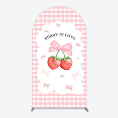 Aperturee - Aperturee Berry In Love Arch Backdrop Pink Gingham Strawberry Bow Background Cute Girl Baby Shower Arch Cover Photo Prop