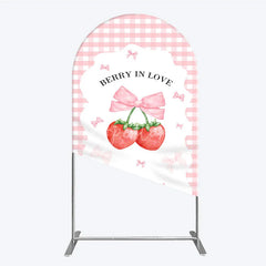 Aperturee - Aperturee Berry In Love Arch Backdrop Pink Gingham Strawberry Bow Background Cute Girl Baby Shower Arch Cover Photo Prop