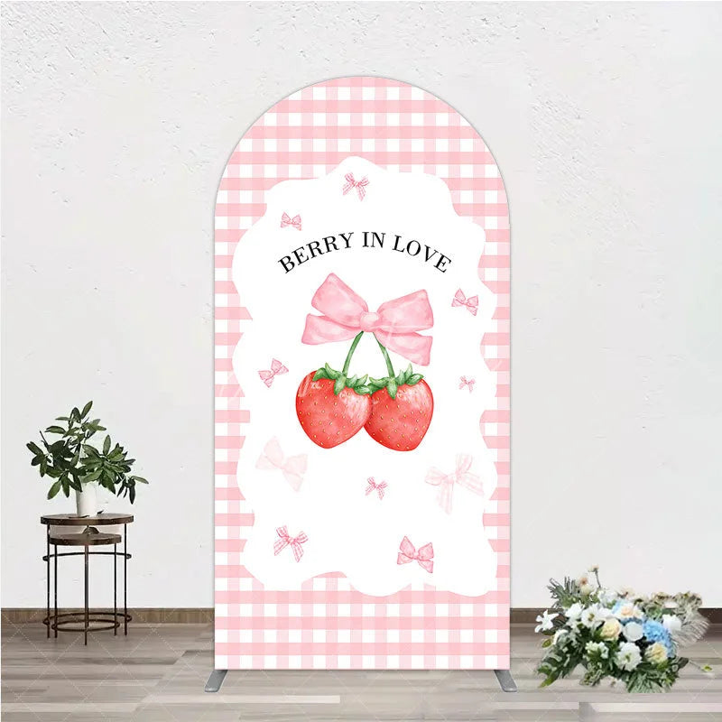 Aperturee - Aperturee Berry In Love Arch Backdrop Pink Gingham Strawberry Bow Background Cute Girl Baby Shower Arch Cover Photo Prop