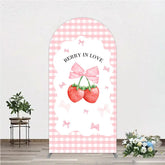 Aperturee - Aperturee Berry In Love Arch Backdrop Pink Gingham Strawberry Bow Background Cute Girl Baby Shower Arch Cover Photo Prop