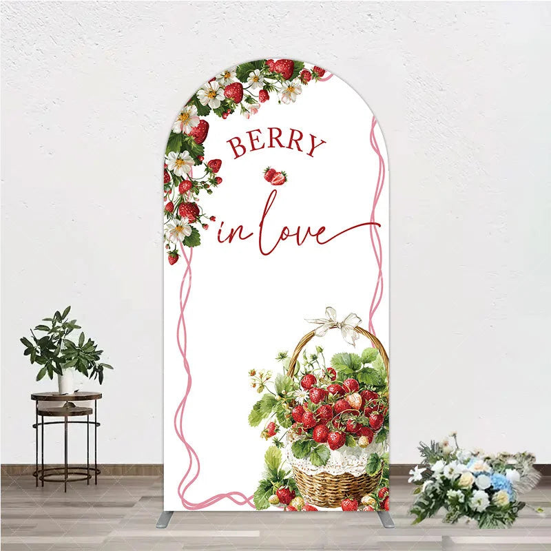 Aperturee - Aperturee Berry In Love Arch Backdrop Watercolor Strawberry Basket White Background Sweet Girl Baby Shower Arch Cover Decoration