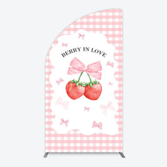 Aperturee - Aperturee Berry In Love Half Moon Arch Backdrop Pink Gingham Strawberry Bow Background Cute Girl Baby Shower Half Moon Arch