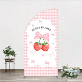 Aperturee - Aperturee Berry In Love Half Moon Arch Backdrop Pink Gingham Strawberry Bow Background Cute Girl Baby Shower Half Moon Arch