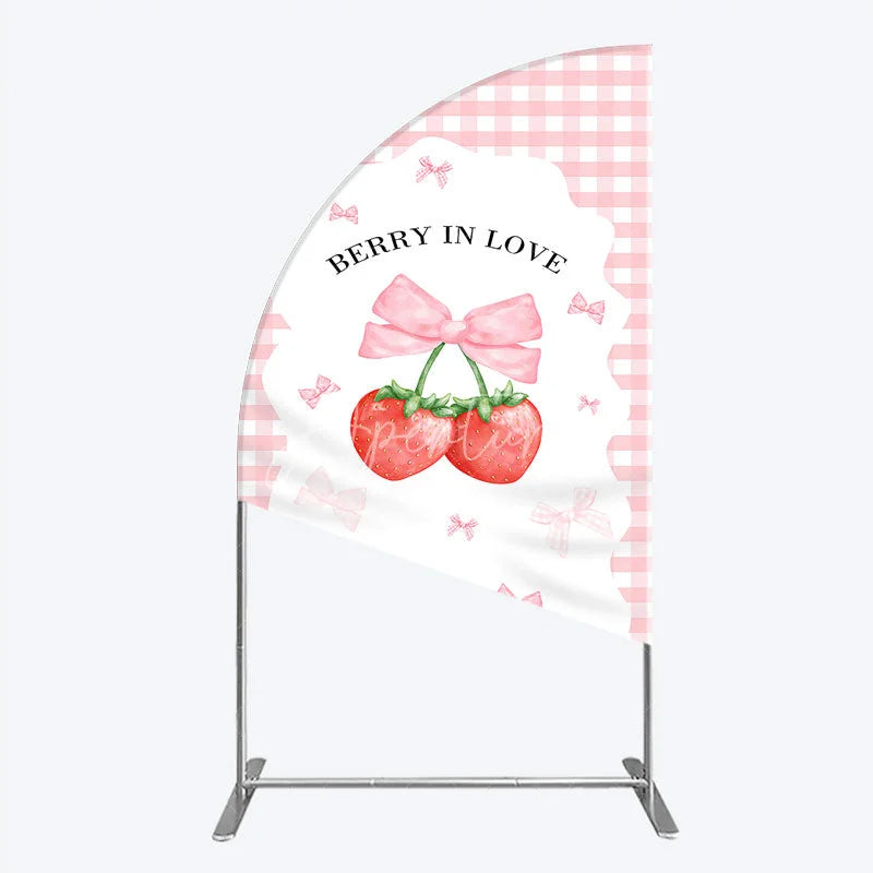 Aperturee - Aperturee Berry In Love Half Moon Arch Backdrop Pink Gingham Strawberry Bow Background Cute Girl Baby Shower Half Moon Arch