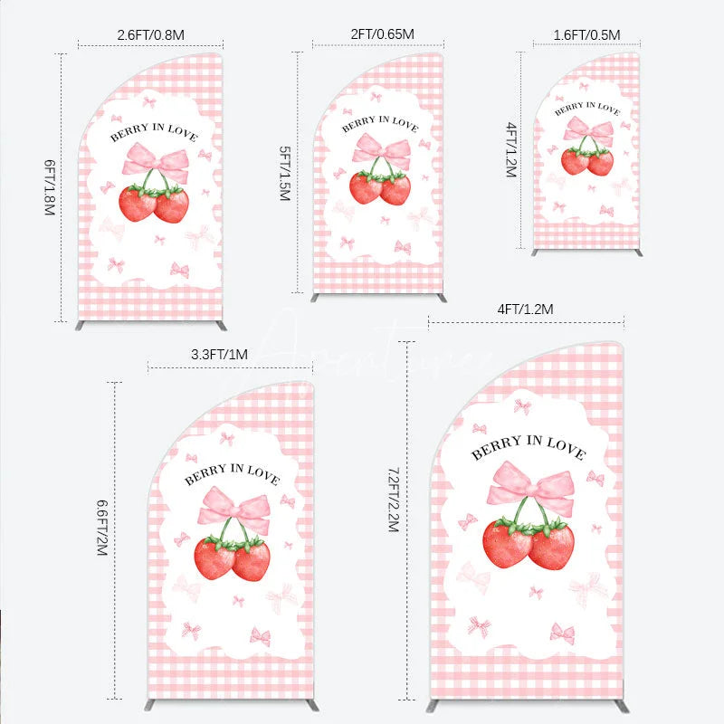 Aperturee - Aperturee Berry In Love Half Moon Arch Backdrop Pink Gingham Strawberry Bow Background Cute Girl Baby Shower Half Moon Arch