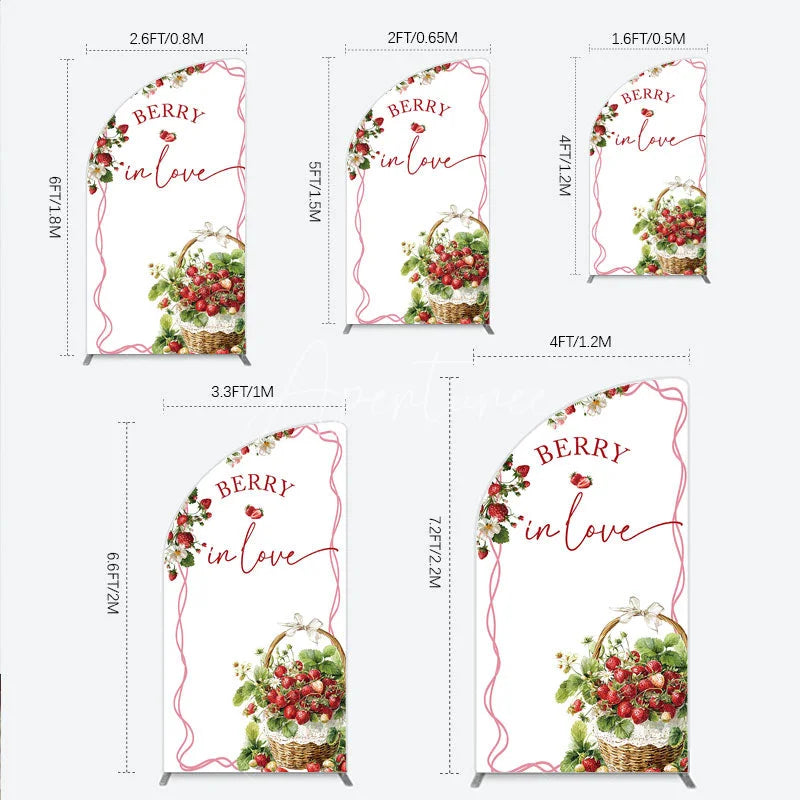 Aperturee - Aperturee Berry In Love Half Moon Arch Backdrop Watercolor Strawberry Basket White Background Sweet Girl Baby Shower Half Moon