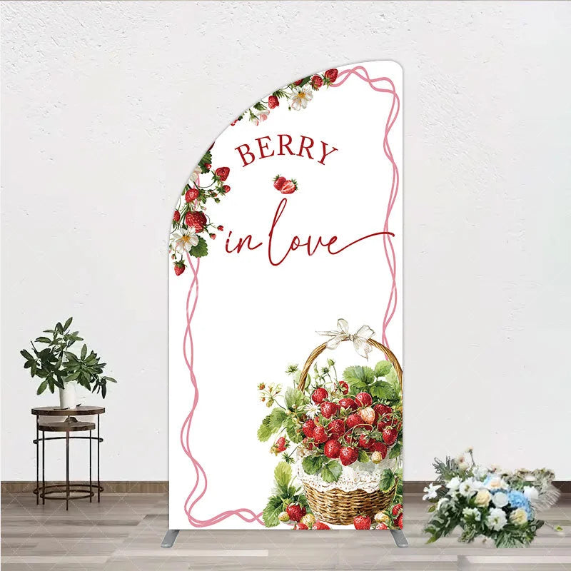 Aperturee - Aperturee Berry In Love Half Moon Arch Backdrop Watercolor Strawberry Basket White Background Sweet Girl Baby Shower Half Moon
