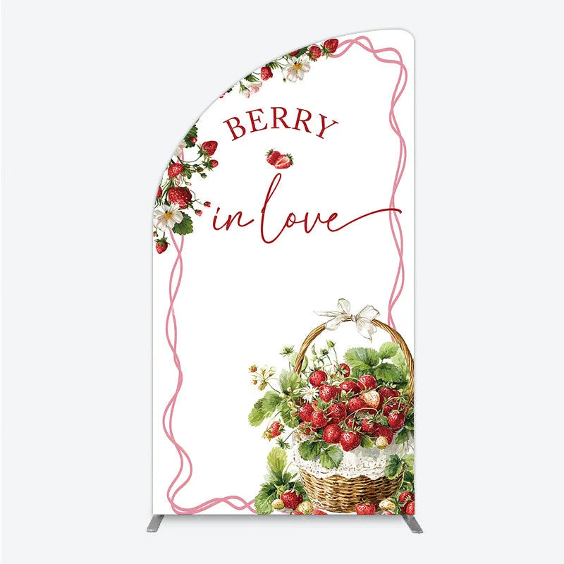 Aperturee - Aperturee Berry In Love Half Moon Arch Backdrop Watercolor Strawberry Basket White Background Sweet Girl Baby Shower Half Moon
