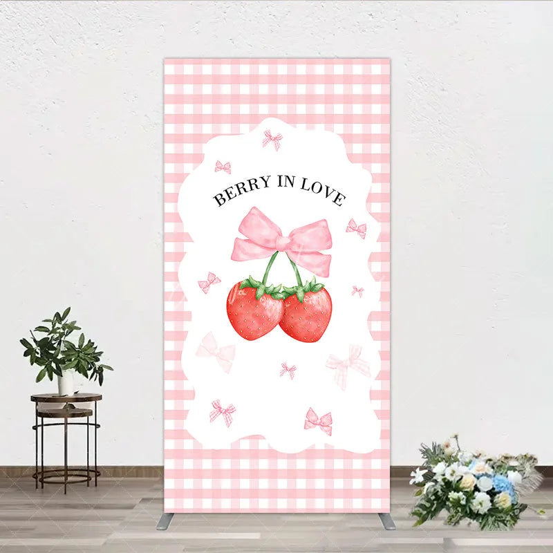 Aperturee - Aperturee Berry In Love Rectangle Backdrop Pink Gingham Strawberry Bow Background Cute Girl Baby Shower Rectangle Cover Photo