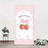 Aperturee - Aperturee Berry In Love Rectangle Backdrop Pink Gingham Strawberry Bow Background Cute Girl Baby Shower Rectangle Cover Photo