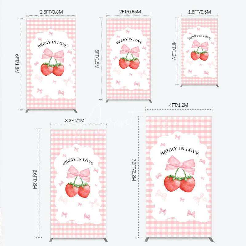 Aperturee - Aperturee Berry In Love Rectangle Backdrop Pink Gingham Strawberry Bow Background Cute Girl Baby Shower Rectangle Cover Photo
