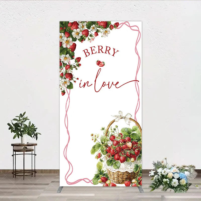 Aperturee - Aperturee Berry In Love Rectangle Backdrop Watercolor Strawberry Basket White Background Sweet Girl Baby Shower Rectangle Cover