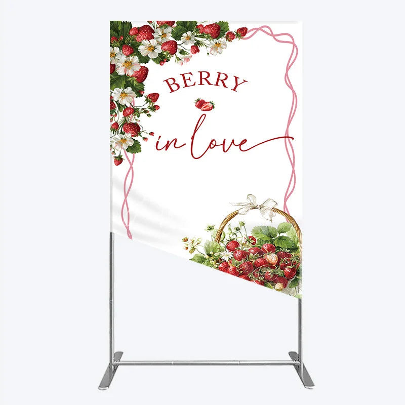 Aperturee - Aperturee Berry In Love Rectangle Backdrop Watercolor Strawberry Basket White Background Sweet Girl Baby Shower Rectangle Cover