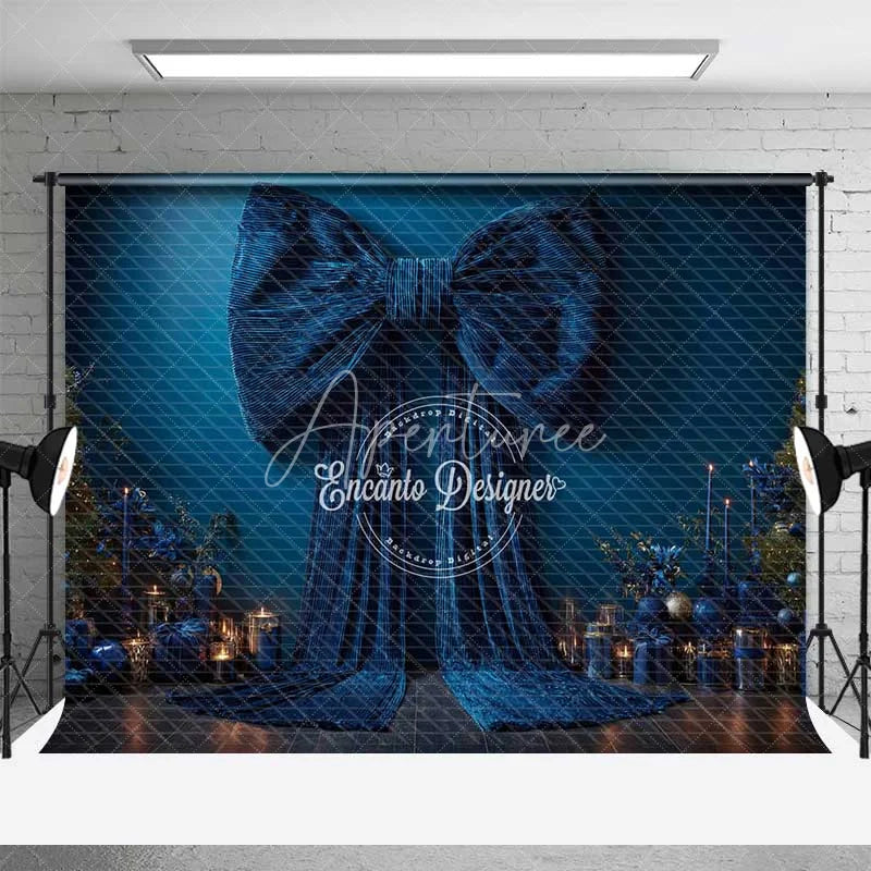 Aperturee - Aperturee Big Blue Bow Christmas Backdrop Elegant Ribbon Gift Box Photography Background