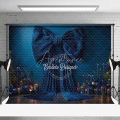 Aperturee - Aperturee Big Blue Bow Christmas Backdrop Elegant Ribbon Gift Box Photography Background