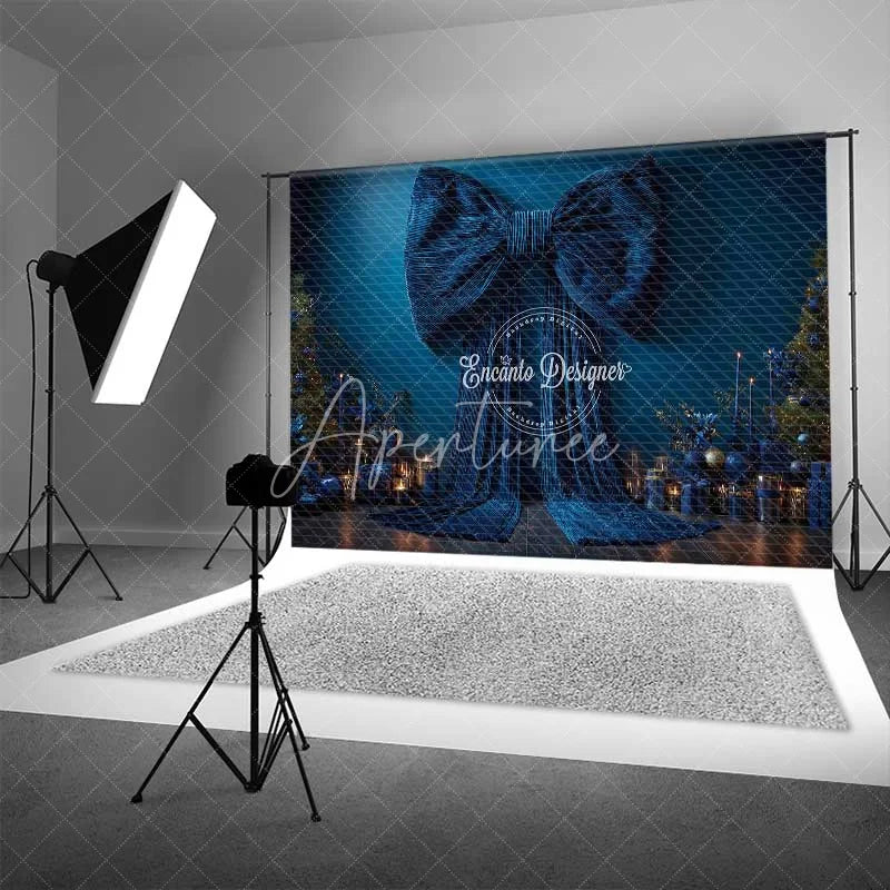 Aperturee - Aperturee Big Blue Bow Christmas Backdrop Elegant Ribbon Gift Box Photography Background