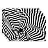 Aperturee - Aperturee Black Abstract Optical Illusion Star Set of 4 Placemats Modern Geometric Design for Contemporary Dining