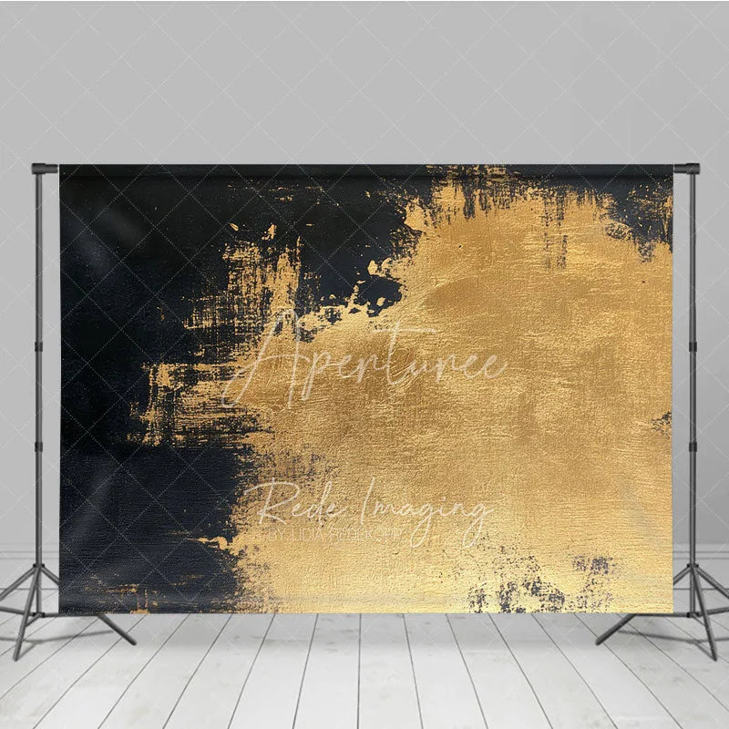 Aperturee - Aperturee Black and Gold Abstract Photography Backdrop Elegant Metallic Texture Brush Strokes for Studio Portrait