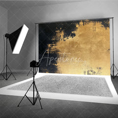 Aperturee - Aperturee Black and Gold Abstract Photography Backdrop Elegant Metallic Texture Brush Strokes for Studio Portrait