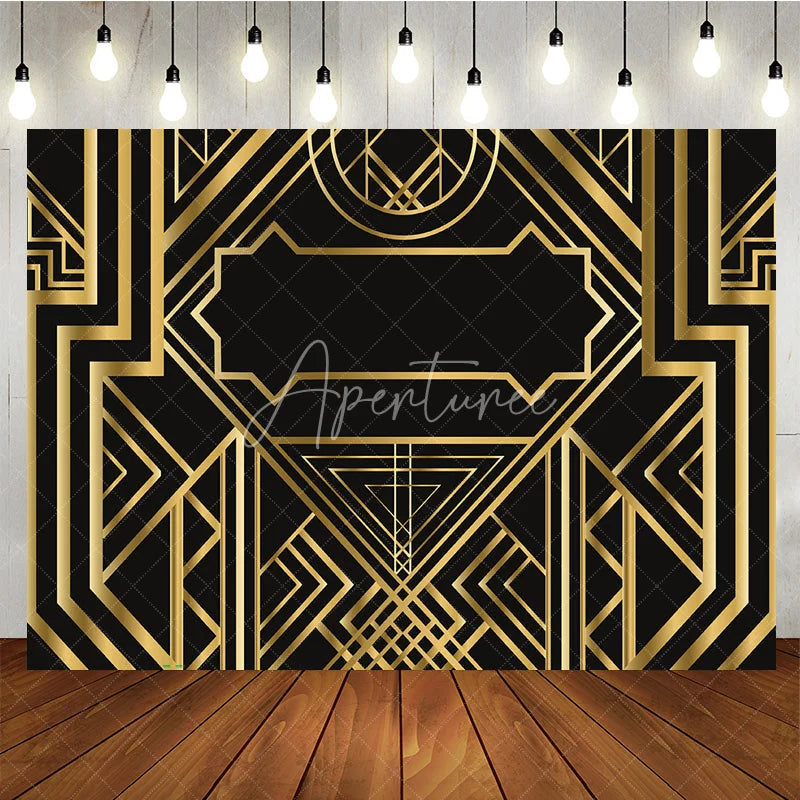 Aperturee - Aperturee Black and Gold Art Deco Birthday Backdrop 1920s Roaring Vintage Geometric Party Background