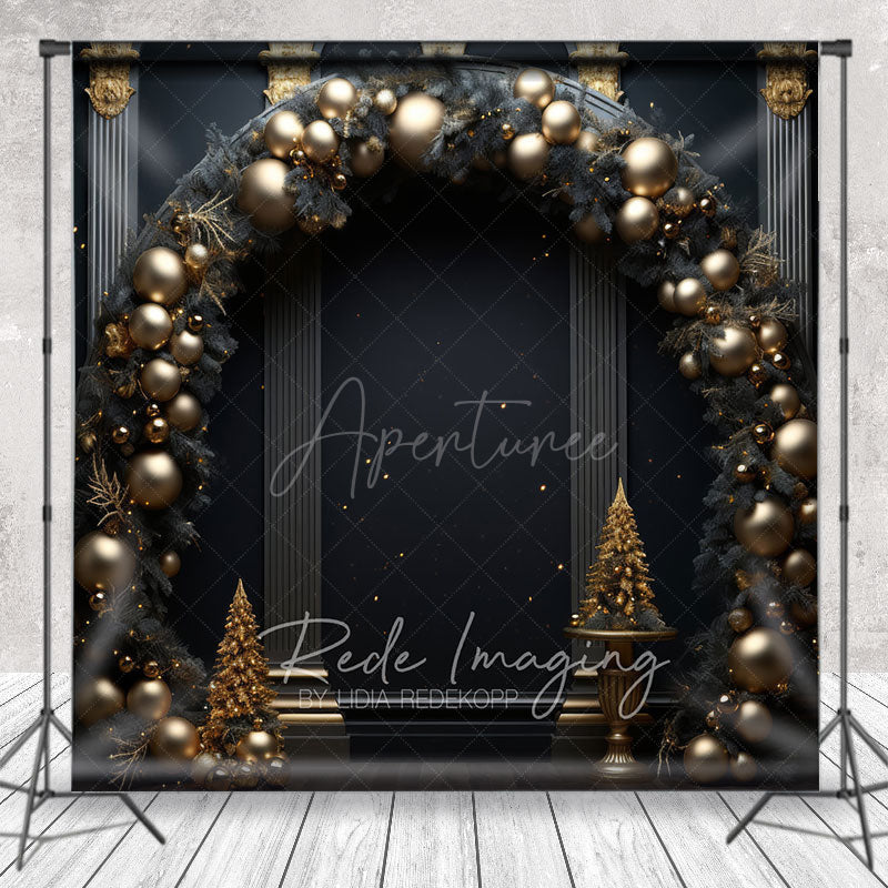 Aperturee - Aperturee Black and Gold Balloon Arch Photography Backdrop Elegant Christmas Decor New Year’s Eve Party Photo Booth