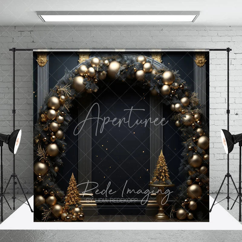 Aperturee - Aperturee Black and Gold Balloon Arch Photography Backdrop Elegant Christmas Decor New Year’s Eve Party Photo Booth