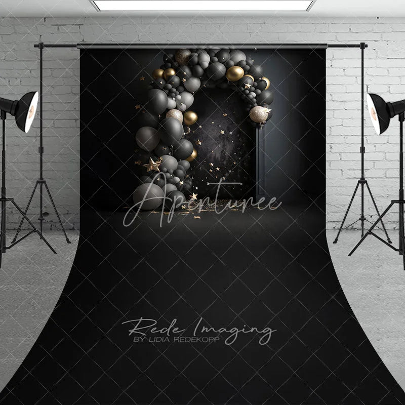 Aperturee - Aperturee Black and Gold Balloon Arch Sweep Photo Backdrop Celestial Starry Night Photography Background