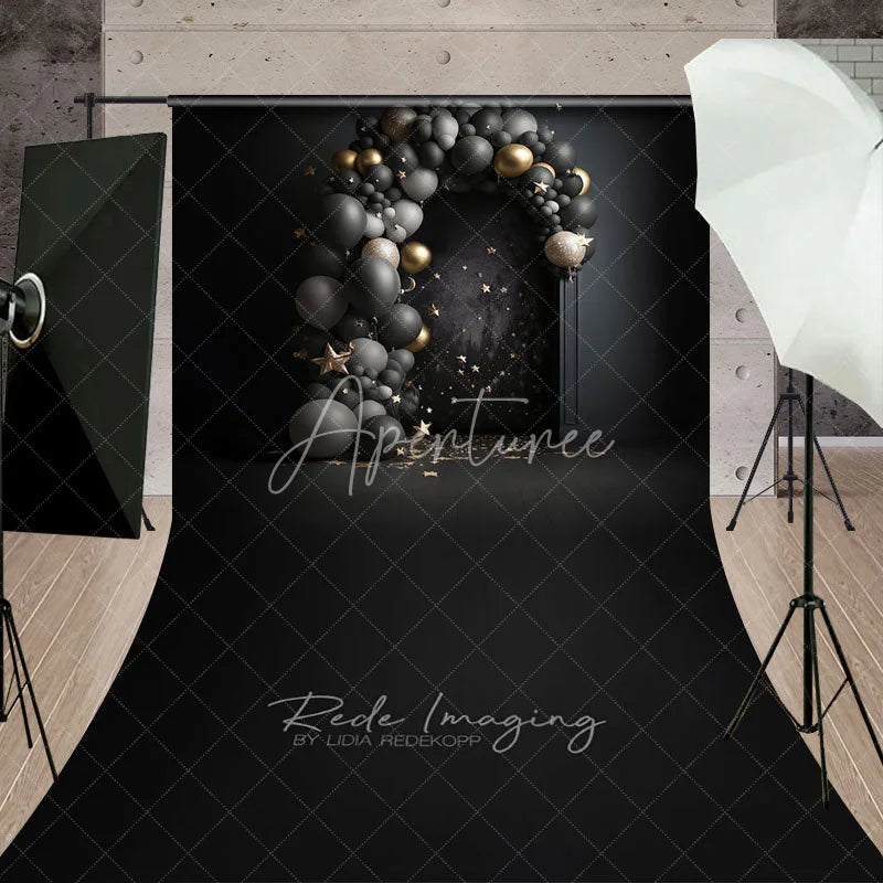 Aperturee - Aperturee Black and Gold Balloon Arch Sweep Photo Backdrop Celestial Starry Night Photography Background