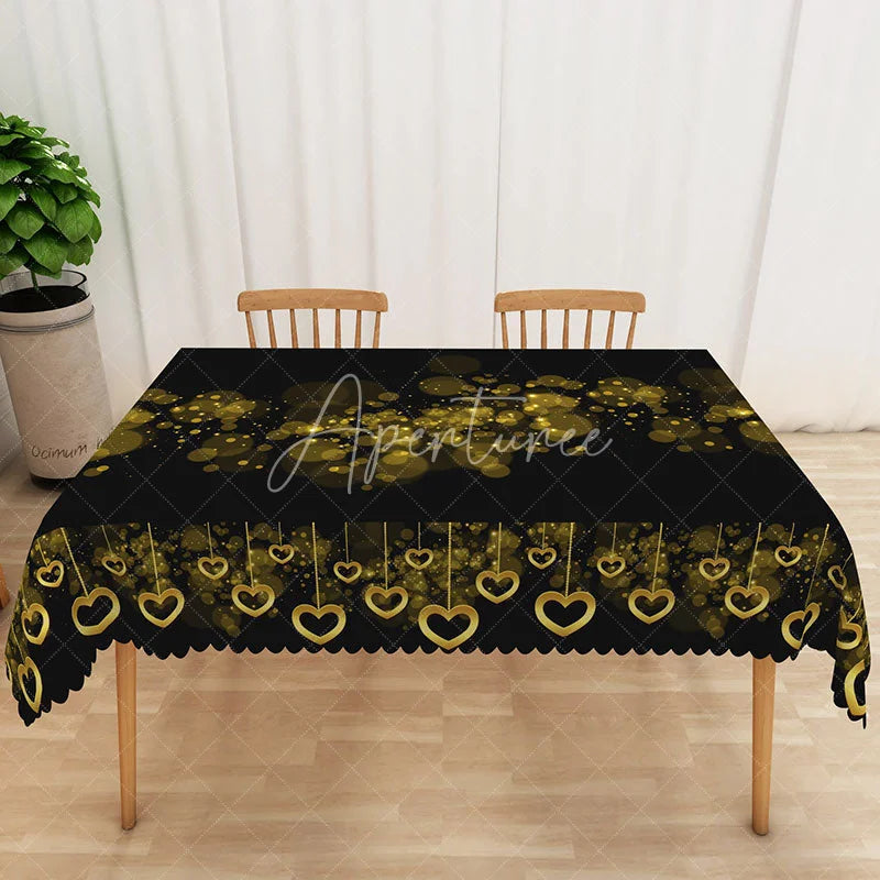 Aperturee - Aperturee Black and Gold Bokeh Heart Rectangle Tablecloth Glitter Light Spot Love Table Cover Romantic Dinner Anniversary Decor