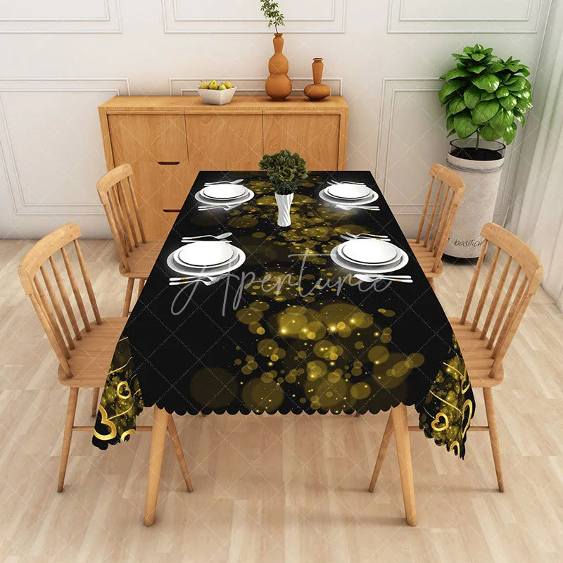 Aperturee - Aperturee Black and Gold Bokeh Heart Rectangle Tablecloth Glitter Light Spot Love Table Cover Romantic Dinner Anniversary Decor