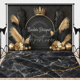 Aperturee - Aperturee Black and Gold Crown Combo Set Backdrop Elegant Feathers and Marble Floor Photography Studio Background