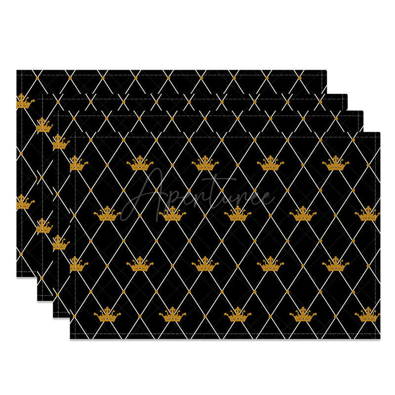 Aperturee - Aperturee Black and Gold Crown Placemats Set of 4 Elegant Repeating Pattern for Royal Themed Party and Events