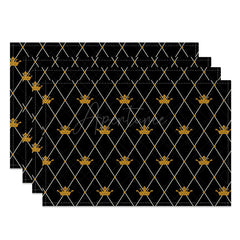 Aperturee - Aperturee Black and Gold Crown Placemats Set of 4 Elegant Repeating Pattern for Royal Themed Party and Events