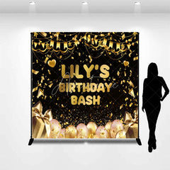 Aperturee - Aperturee Black and Gold Custom Birthday Backdrop with Confetti Balloons and Gift Boxes for a Personalized Celebration