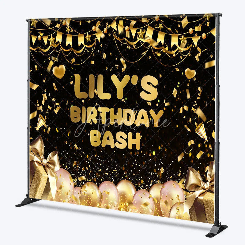 Aperturee - Aperturee Black and Gold Custom Birthday Backdrop with Confetti Balloons and Gift Boxes for a Personalized Celebration