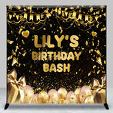 Aperturee - Aperturee Black and Gold Custom Birthday Backdrop with Confetti Balloons and Gift Boxes for a Personalized Celebration