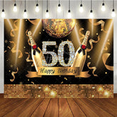 Aperturee - Aperturee Black and Gold Glitter 50th Birthday Backdrop with Diamond Numbers Elegant Champagne Disco Ball Party Decor