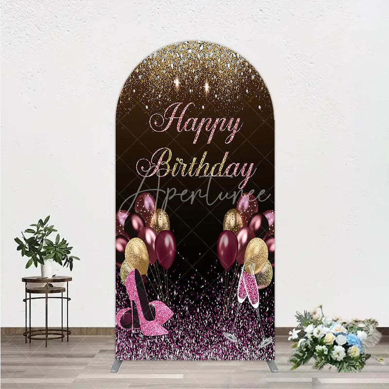 Aperturee - Aperturee Black and Gold Glitter Arch Backdrop High Heels Champagne Birthday Party Decor Pink Balloon Theme Background for Women